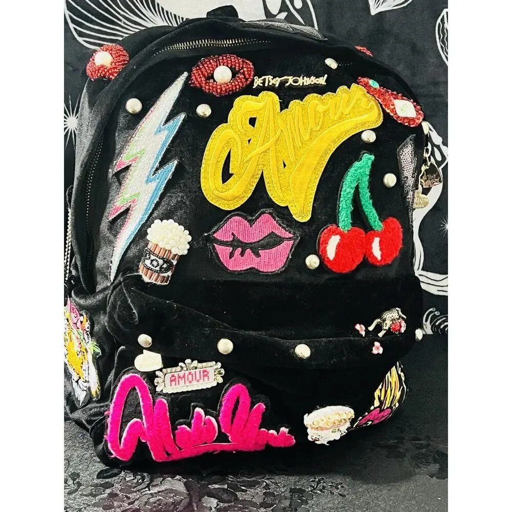 Betsey Johnson Embellished Punk Graffiti Backpack Black Rose Cherry Lips Studded